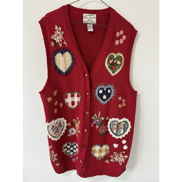 Heirloom Collectibles Valentine's Heart Embroidered Knit Sweater Vest Red 1X - Picture 1 of 8